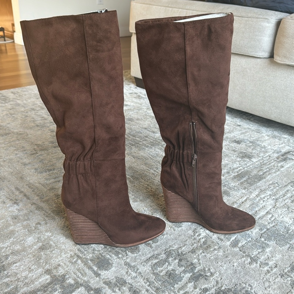 Charles David Brown Suede Knee-High Wedge Boot Size 7.5